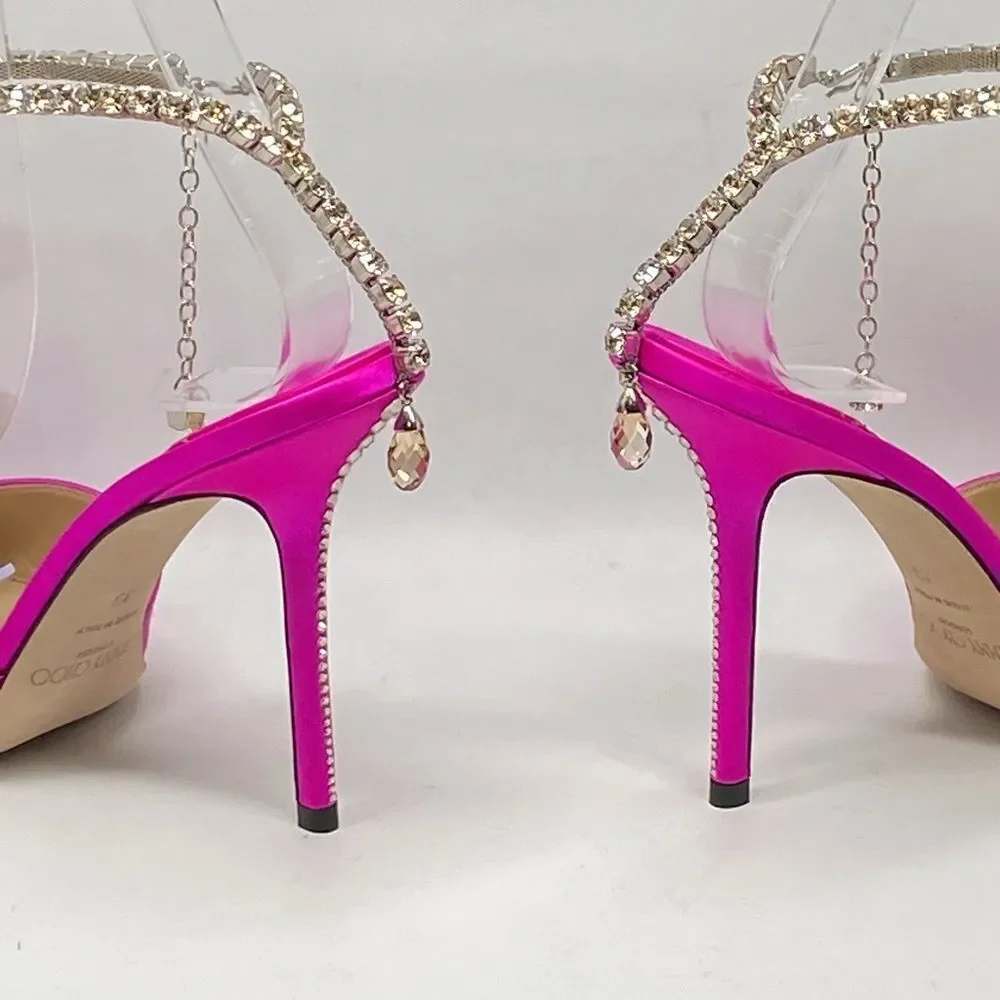 Jimmy Choo Saeda 100mm Satin Crystal Ankle-Strap Pumps size 39